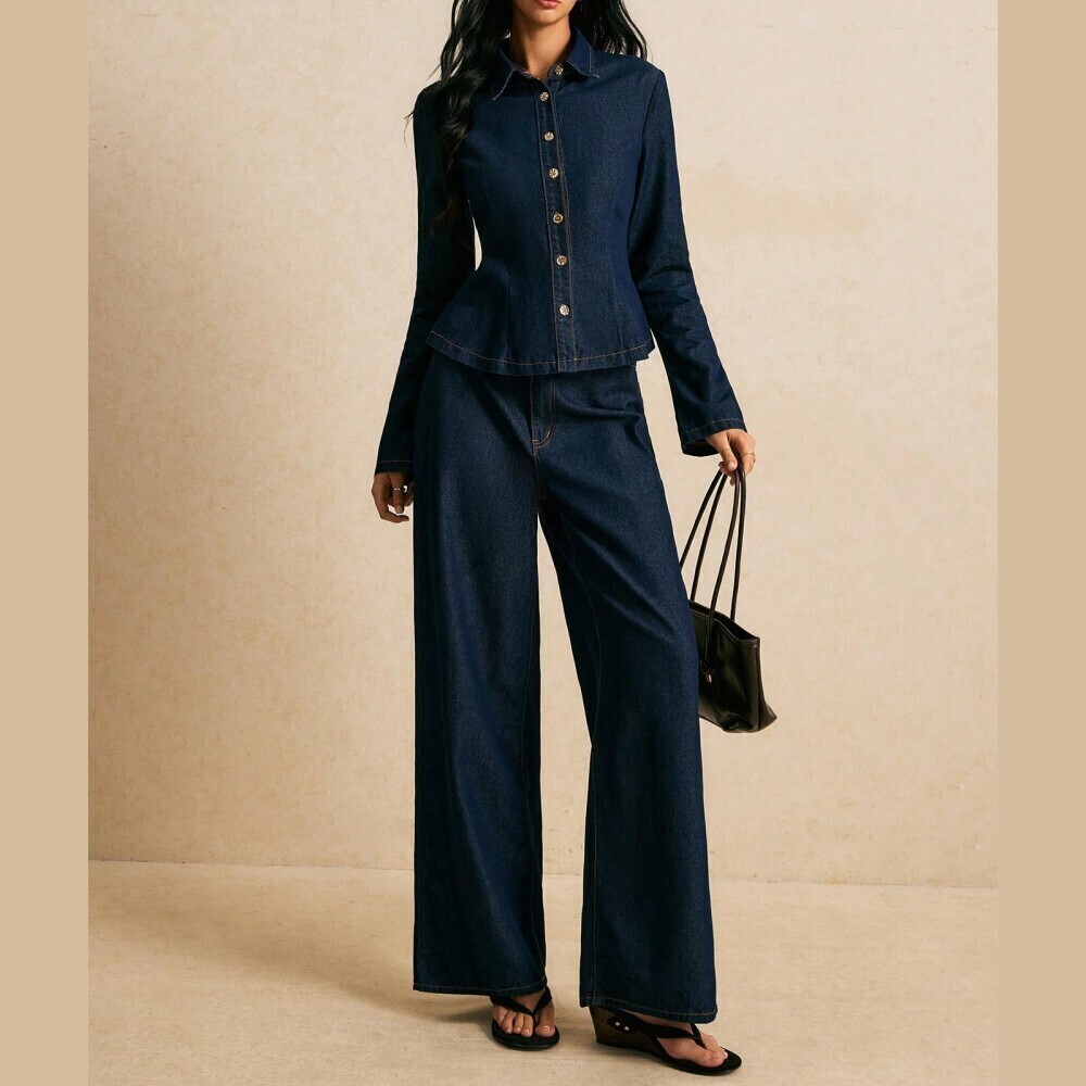 Dark Wash Denim Button Front Peplum Shirt Wide Leg Jeans Pantsuit Set